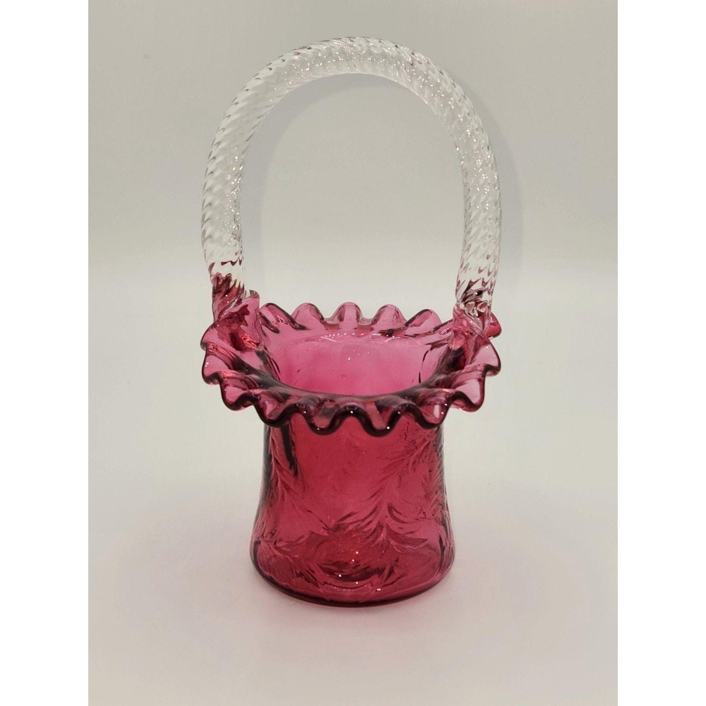 Fenton‎ Glass Vintage Cranberry Fern Ruffled Edge Hat Basket